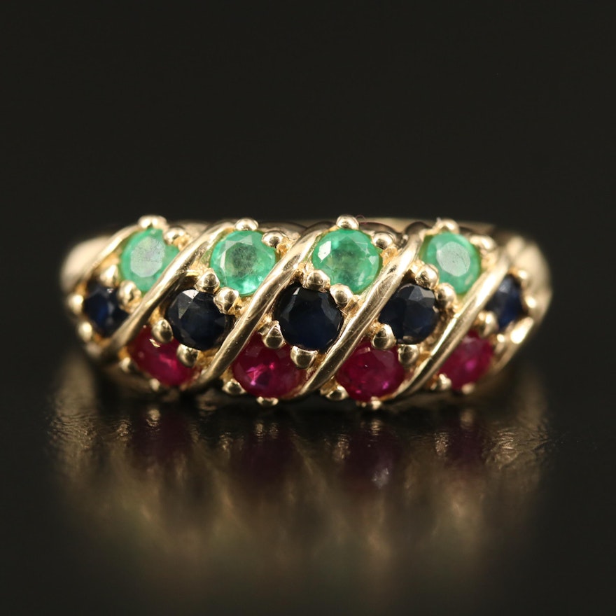 14K Emerald, Sapphire and Ruby Ring