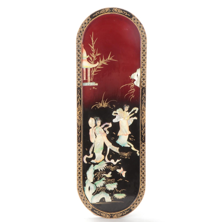 Chinese Painted Shell and Lacquer Panel with Women in a Garden