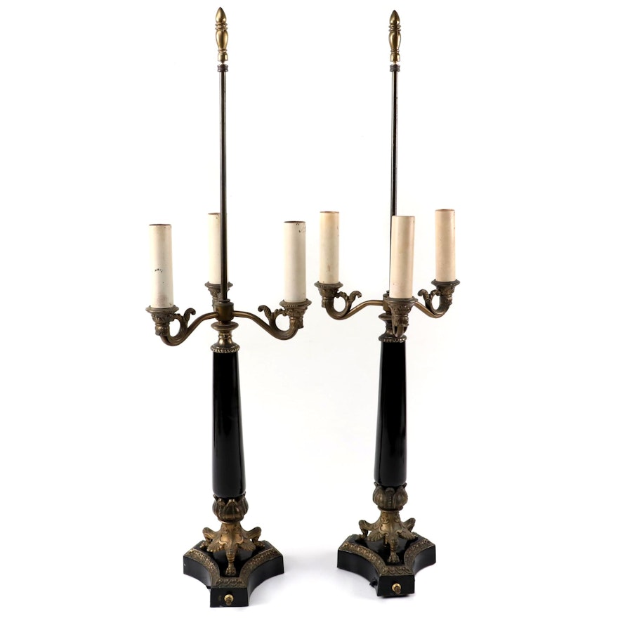 Neoclassical Style Gilt Metal and Black Enamel Table Lamps, Mid/Late 20th C