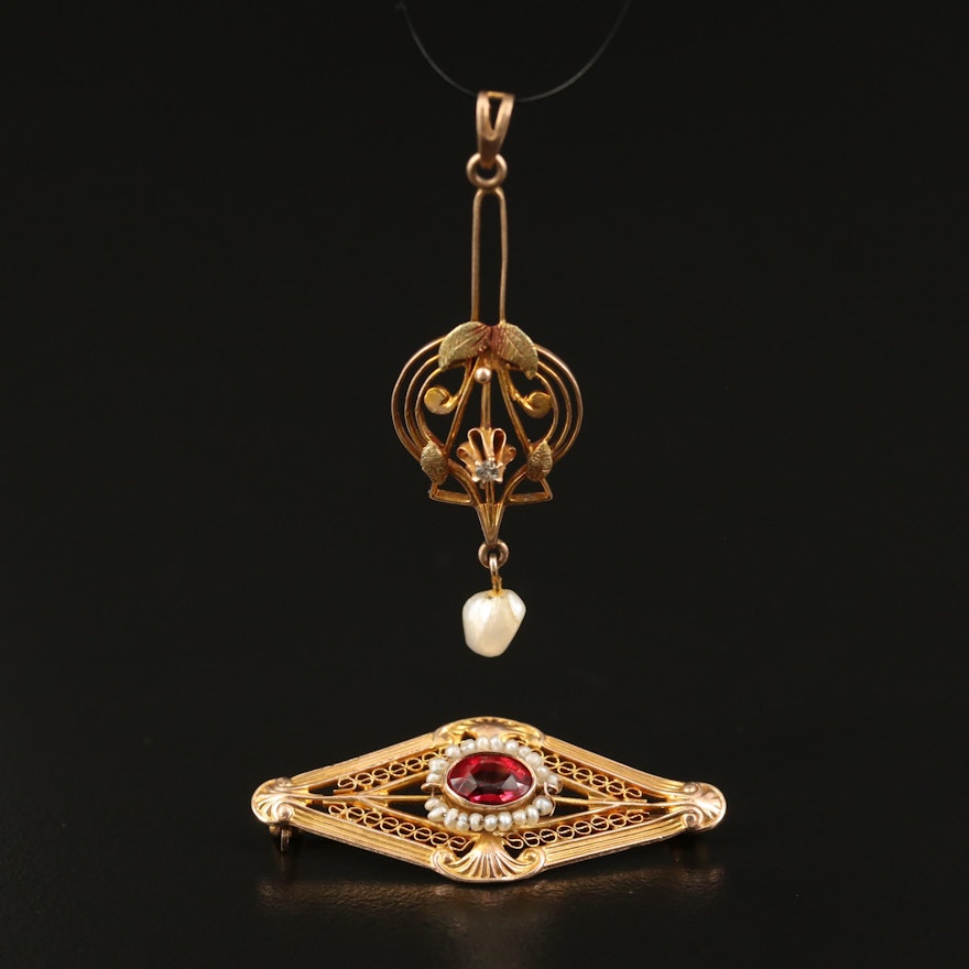Victorian 10K Diamond and Gemstone Lavalier and Brooch