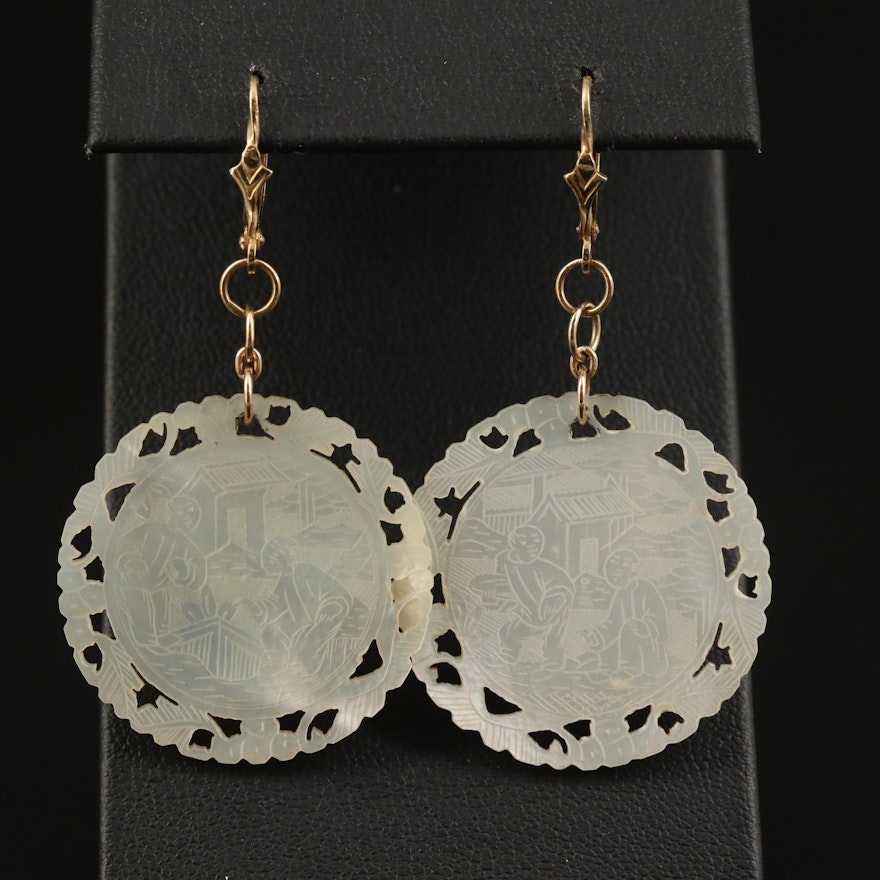 14K Mother of Pearl Etched Figural Scenic Dangle Earrings