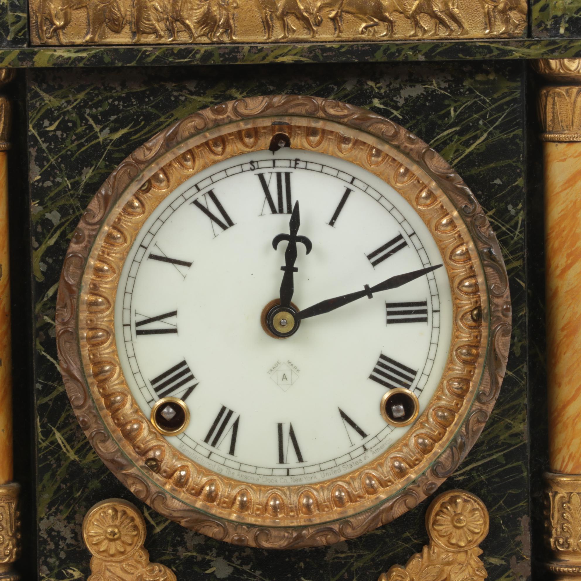 Ansonia Marblized Cast Iron Mantel Clock with Greek Frieze, Antique