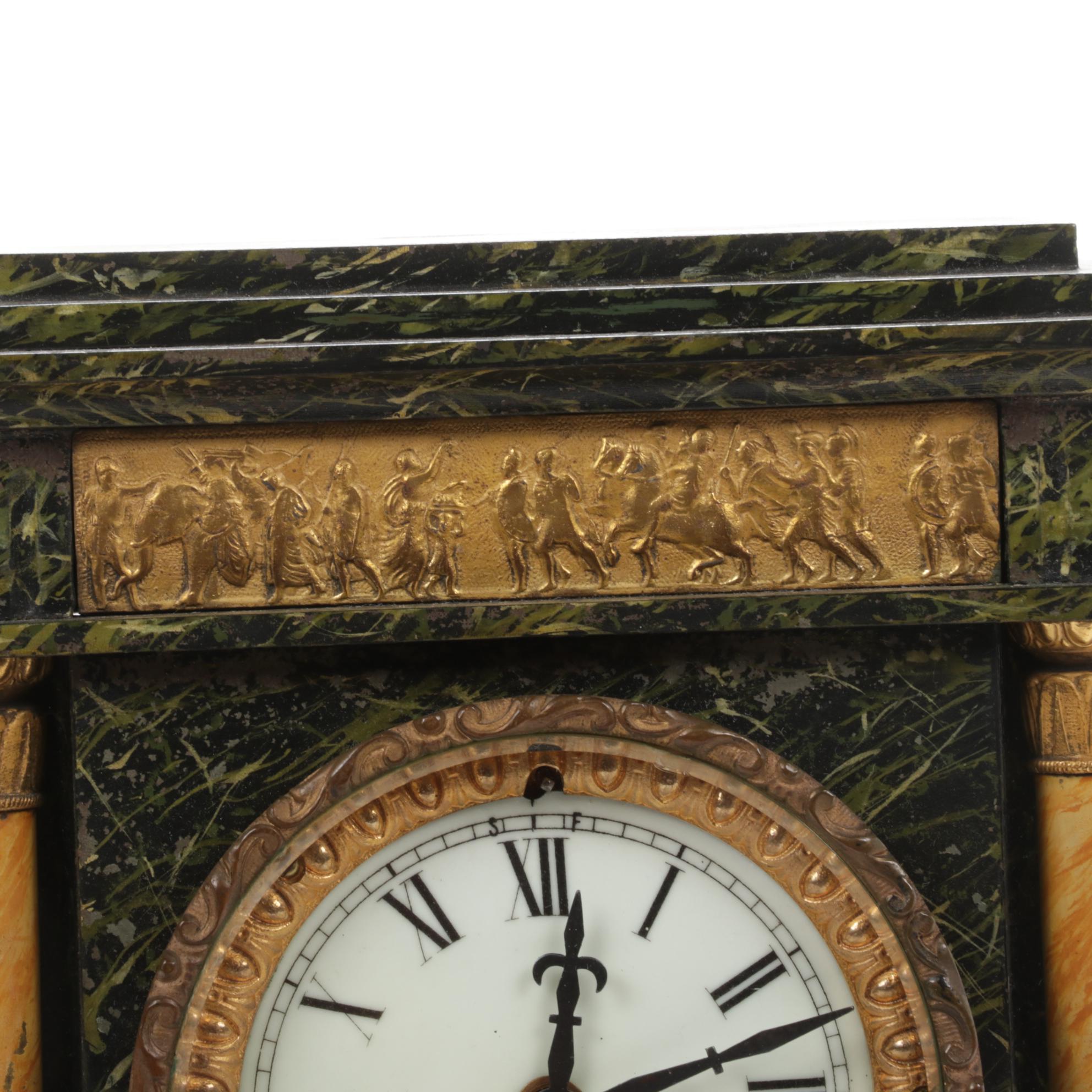 Ansonia Marblized Cast Iron Mantel Clock with Greek Frieze, Antique