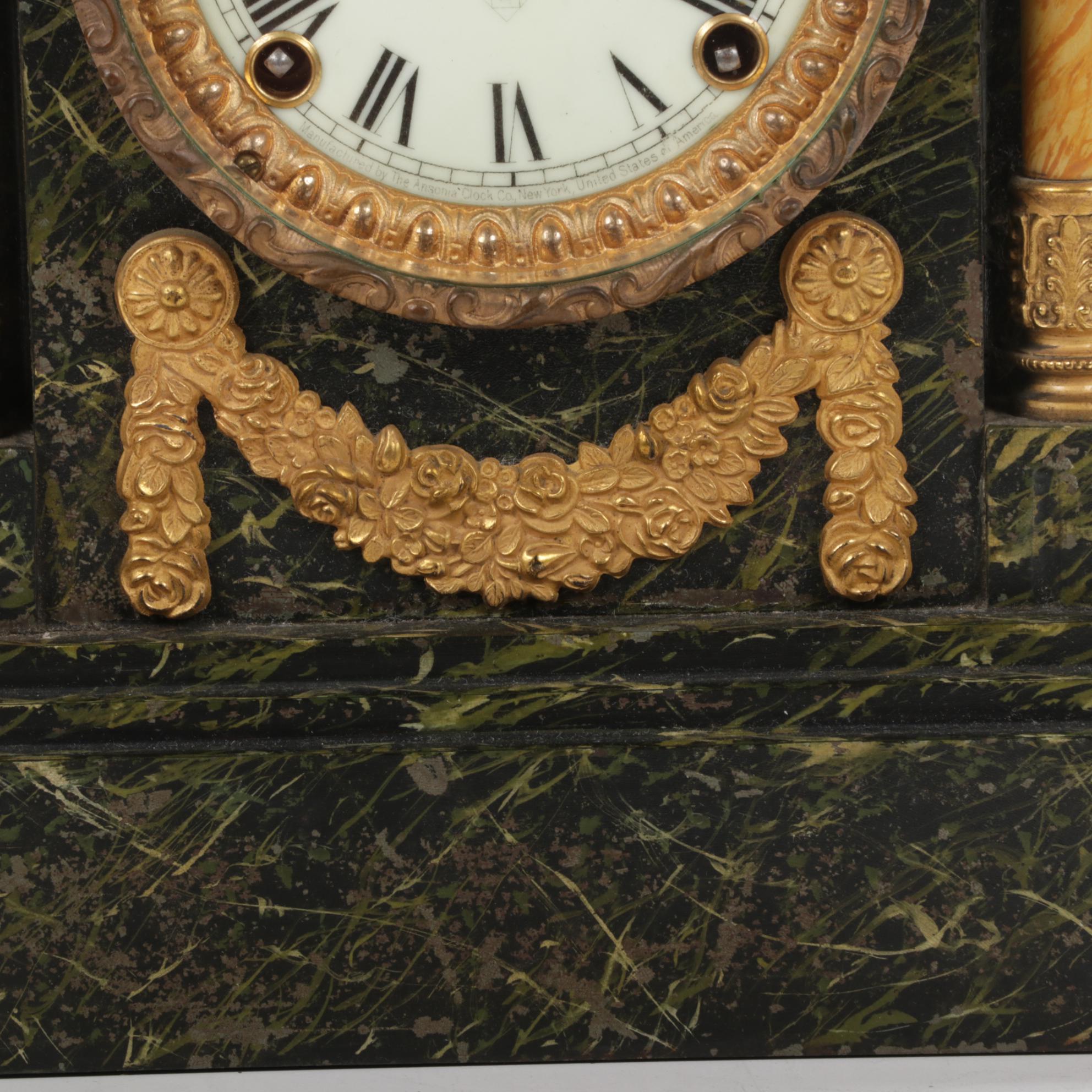 Ansonia Marblized Cast Iron Mantel Clock with Greek Frieze, Antique