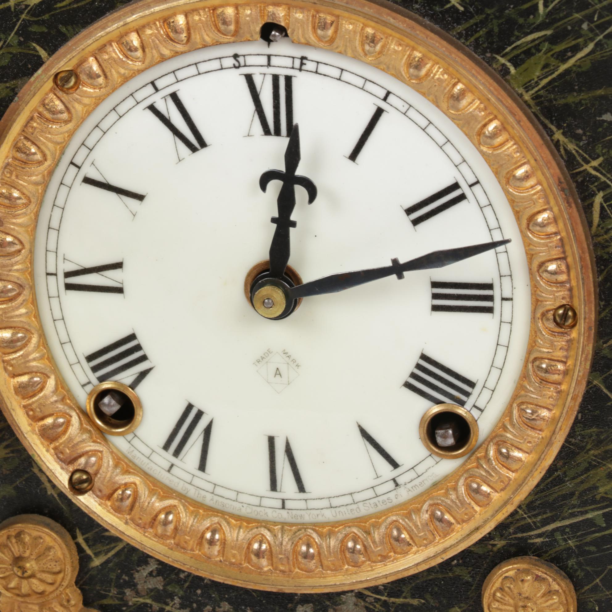 Ansonia Marblized Cast Iron Mantel Clock with Greek Frieze, Antique