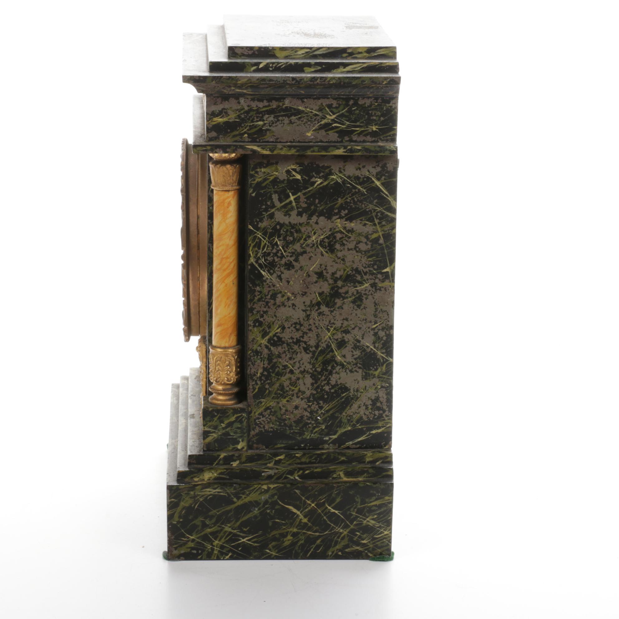 Ansonia Marblized Cast Iron Mantel Clock with Greek Frieze, Antique