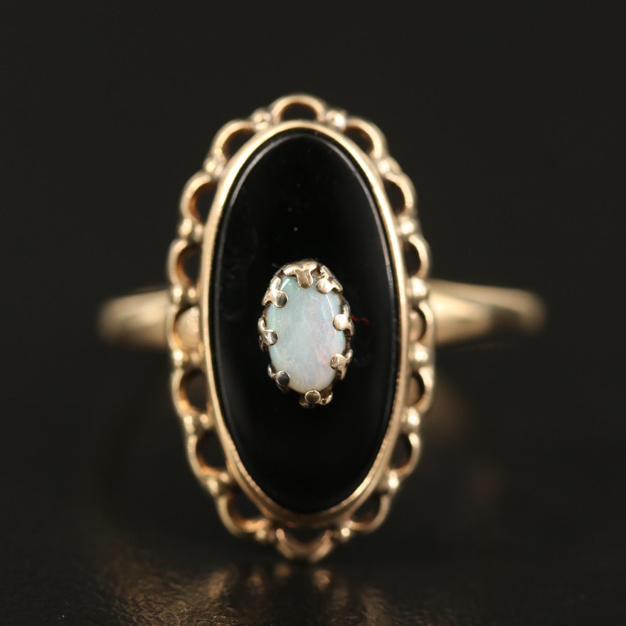 Vintage 10K Opal and Black Onyx Navette Ring