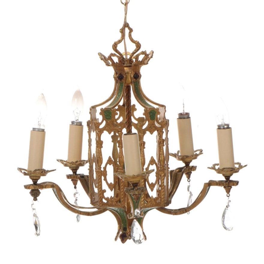 Gothic Revival Green and Gilt Metal Chandelier, Mid/Late 20th Century
