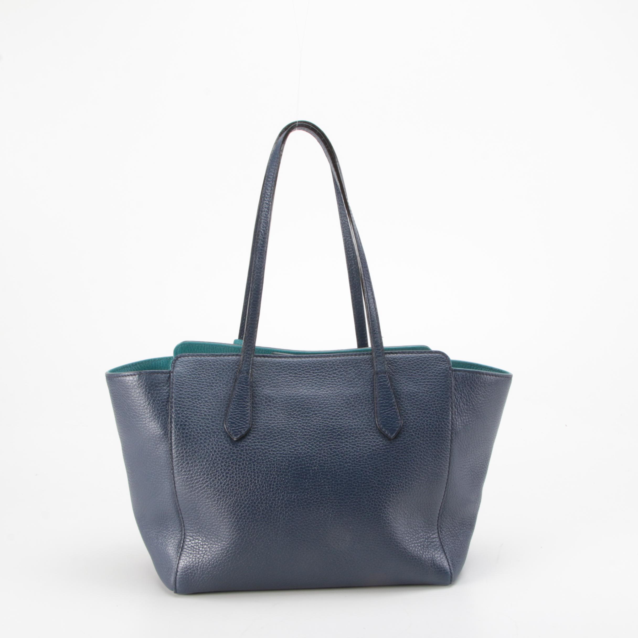 Gucci Small Swing Tote Bag in Navy Blue and Teal Pebbled Leather