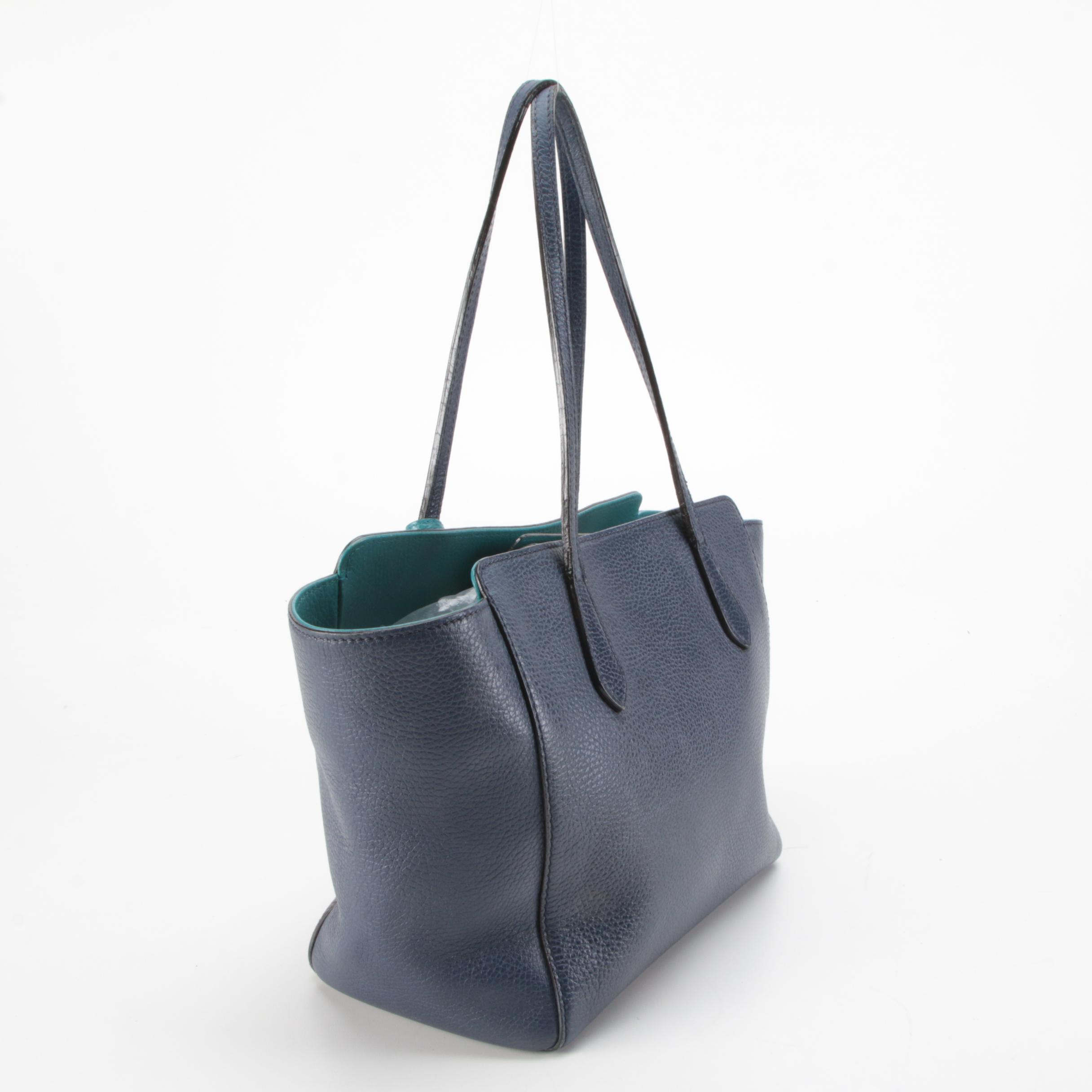 Gucci Small Swing Tote Bag in Navy Blue and Teal Pebbled Leather