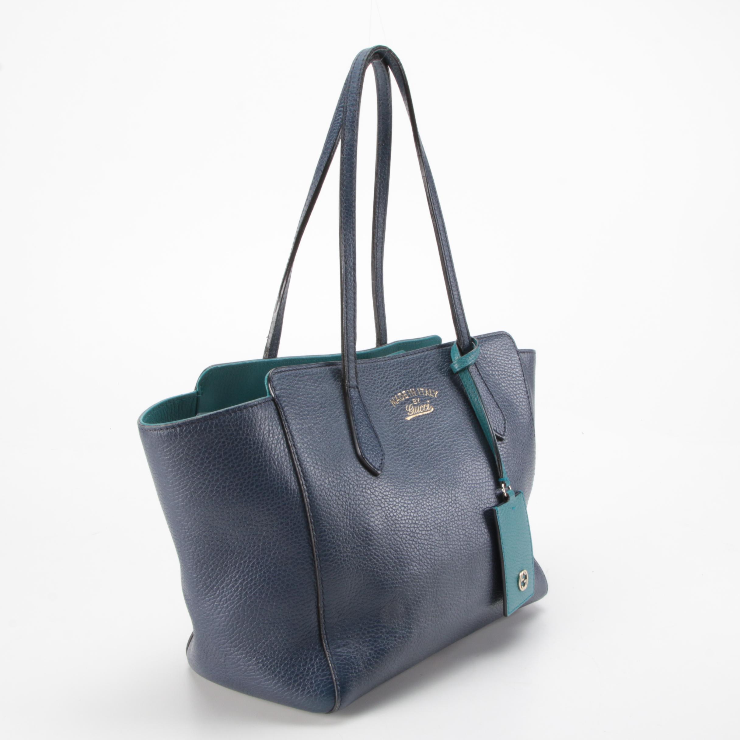 Gucci Small Swing Tote Bag in Navy Blue and Teal Pebbled Leather