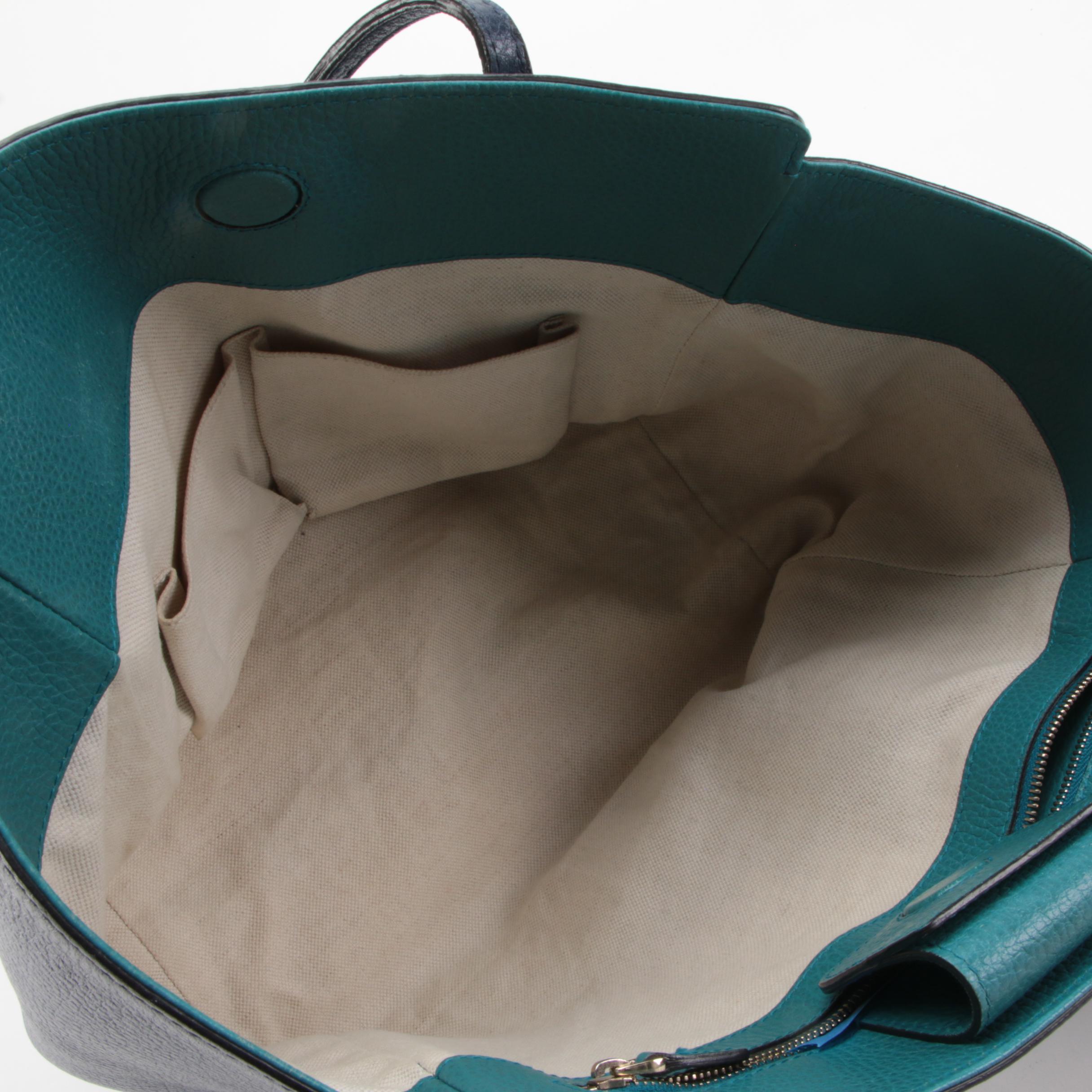 Gucci Small Swing Tote Bag in Navy Blue and Teal Pebbled Leather