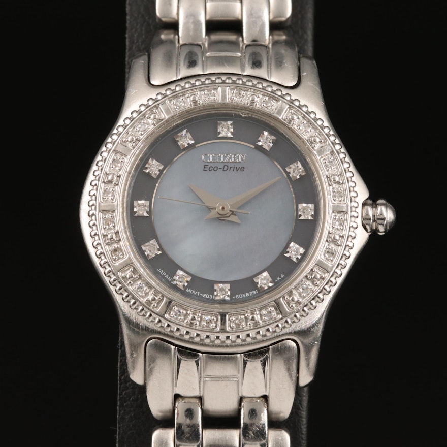 Citizen Eco-Drive Black Mother of Pearl and Diamond Dial Wristwatch