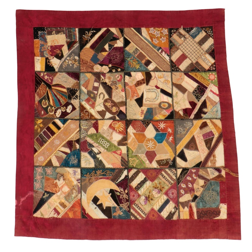 Handmade Pieced and Embroidered Crazy Quilt, Circa 1893