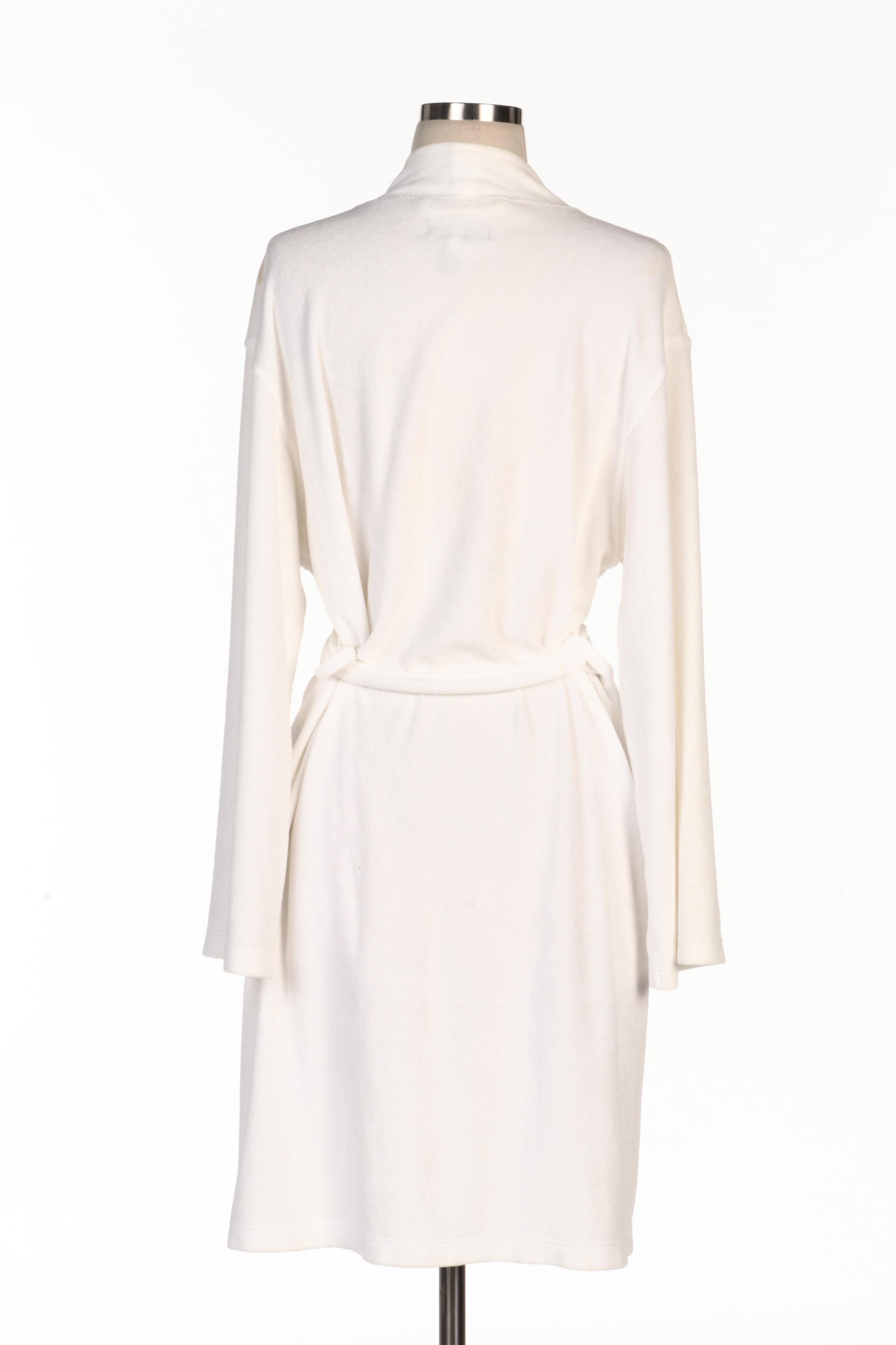 Lauren Ralph Lauren White Terry Cloth Robe with Navy Embroidered Monogram Logo