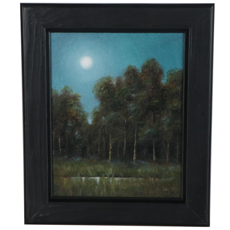 Houra H. Alghizzi Landscape Oil Painting "Forest Moonlight," 2021