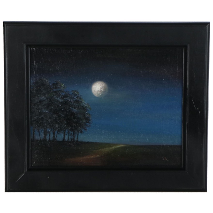 Houra H. Alghizzi Landscape Oil Painting "Summer Night Moon," 2021