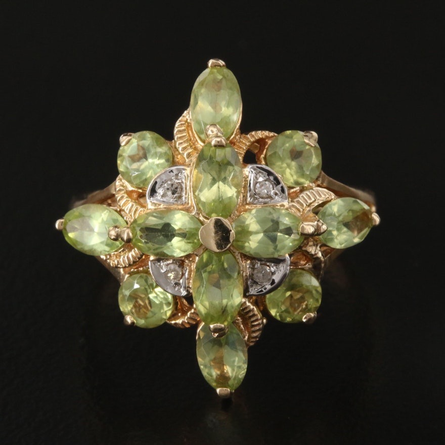 10K Peridot and Diamond Cluster Ring