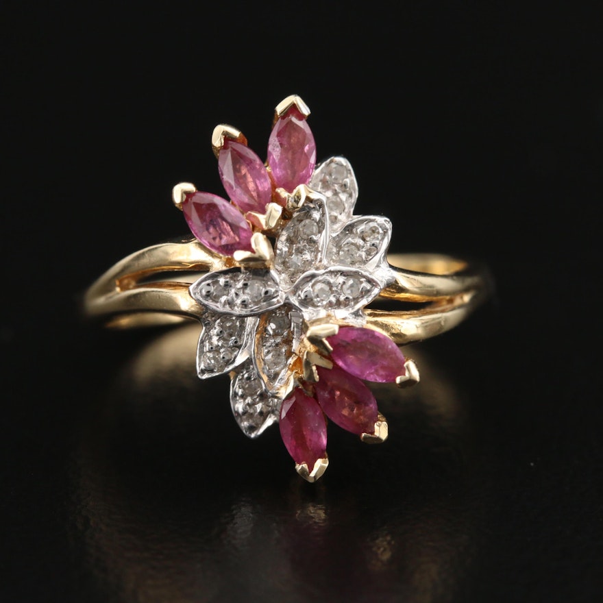 14K Ruby and Diamond Foliate Ring