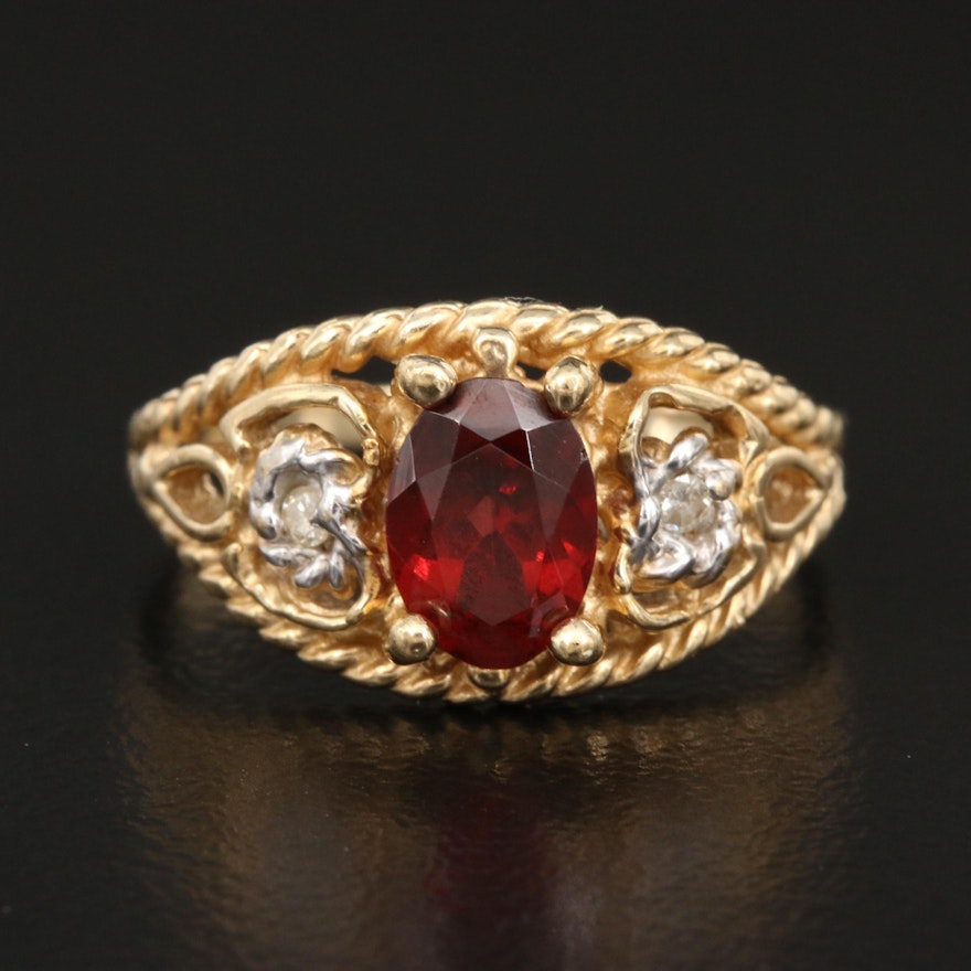 10K Garnet and Diamond Ring with Rope Style Edges
