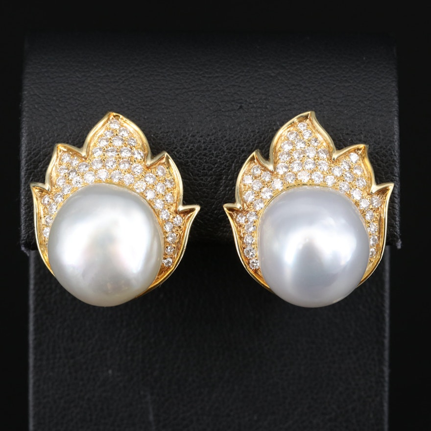 18K Pearl and 1.26 CTW Diamond Flame Motif Button Earrings