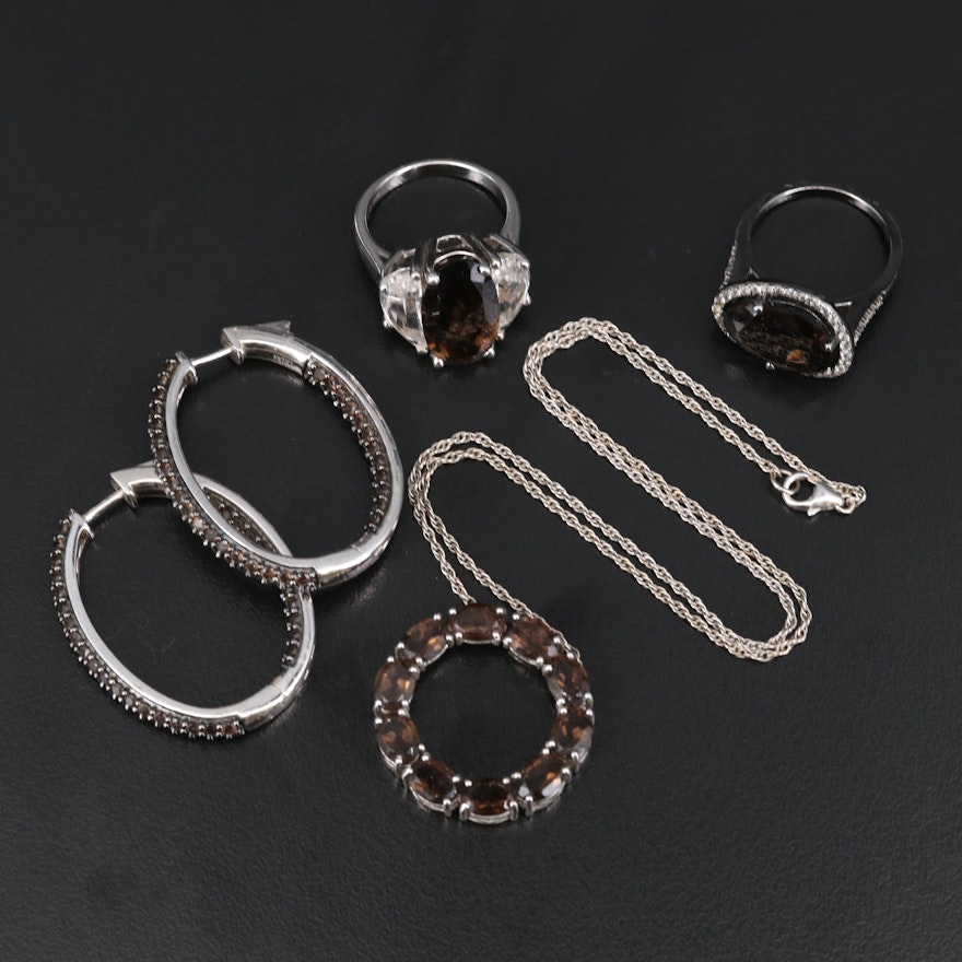 Sterling Smoky Quartz, White Topaz and Rock Crystal Quartz Jewelry Selection