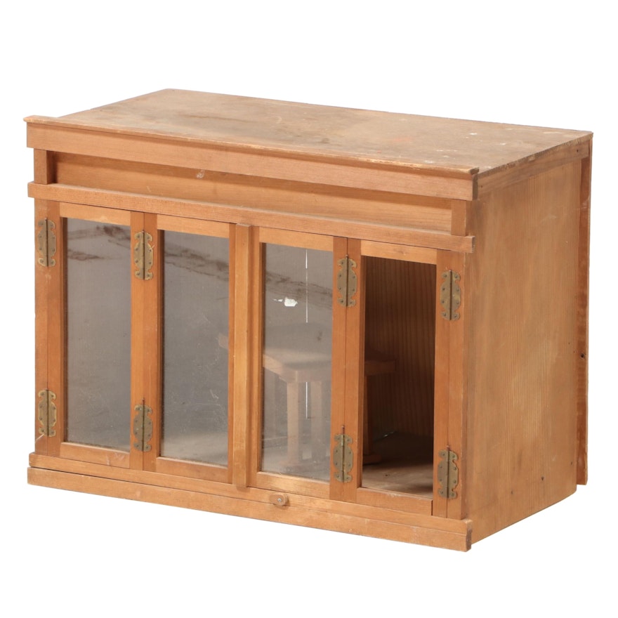 Small Chinese Pine Cabinet with Folding Framed Glass Doors