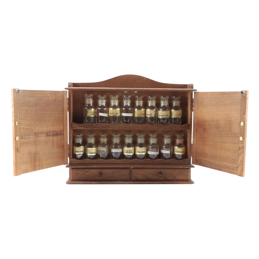 Japanese Oak Wood Hanging Spice Cabinet with Glass Jars, Mid-20th C.