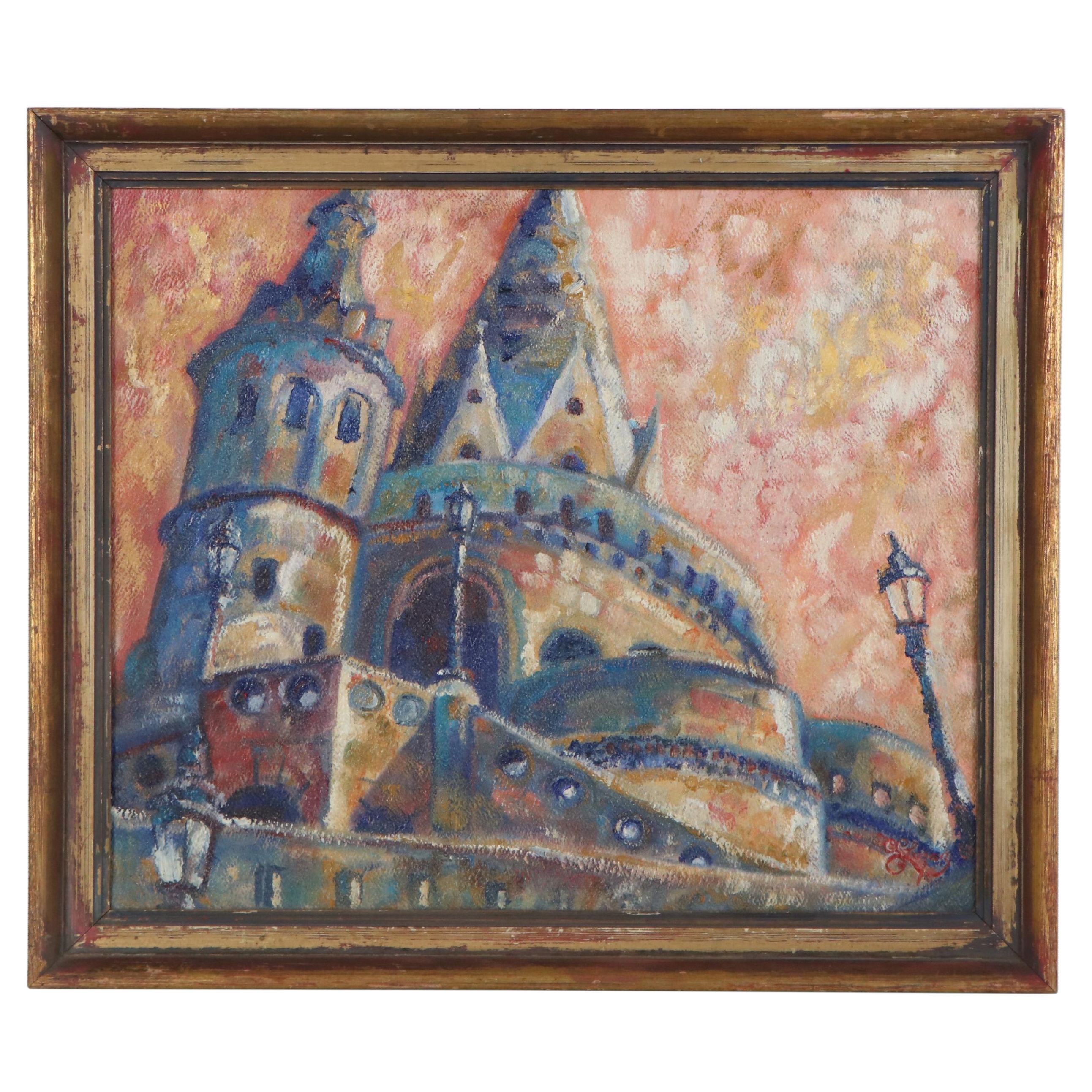 C.C. Logan Oil Painting "Fisherman's Bastion, Budapest," Mid-Late 20th Century