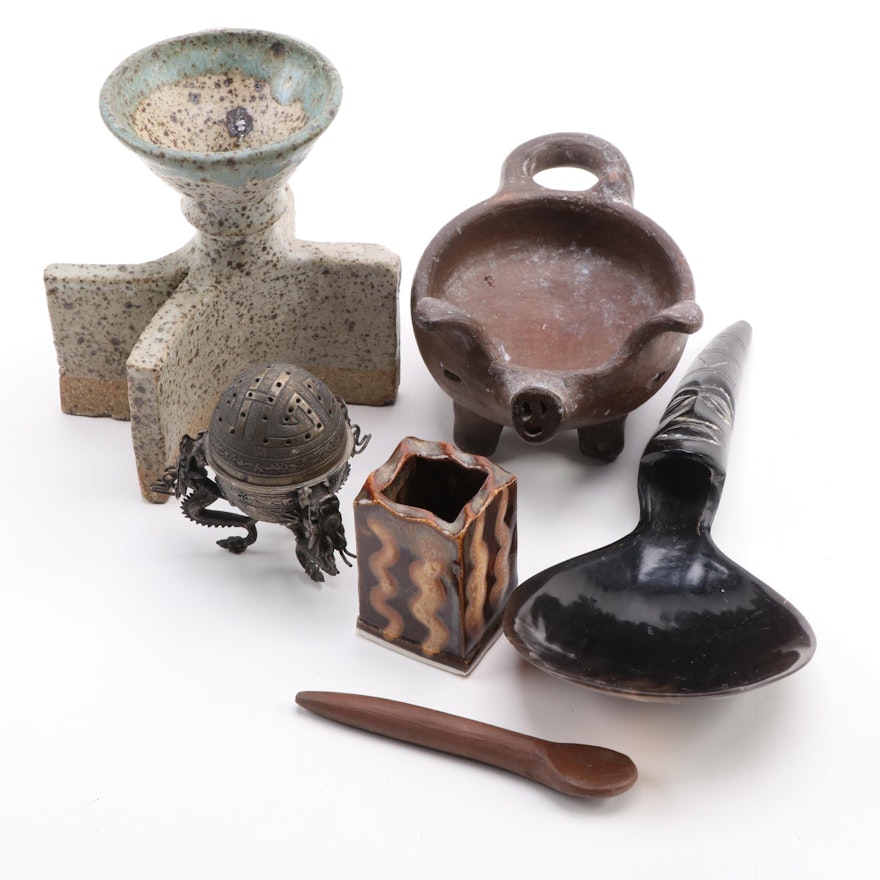 Hand-Built Ceramic Candle Holders with Brass Censor, Clay Salt Pig, and More