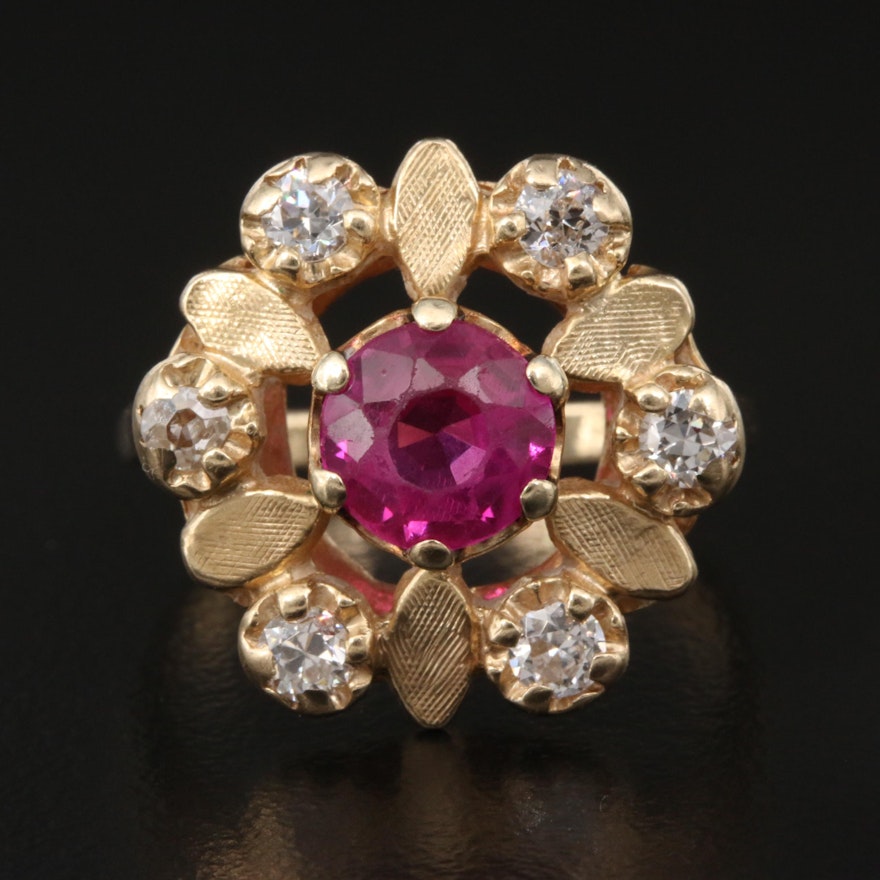 14K Ruby and Diamond Openwork Ring Featuring Florentine Finish