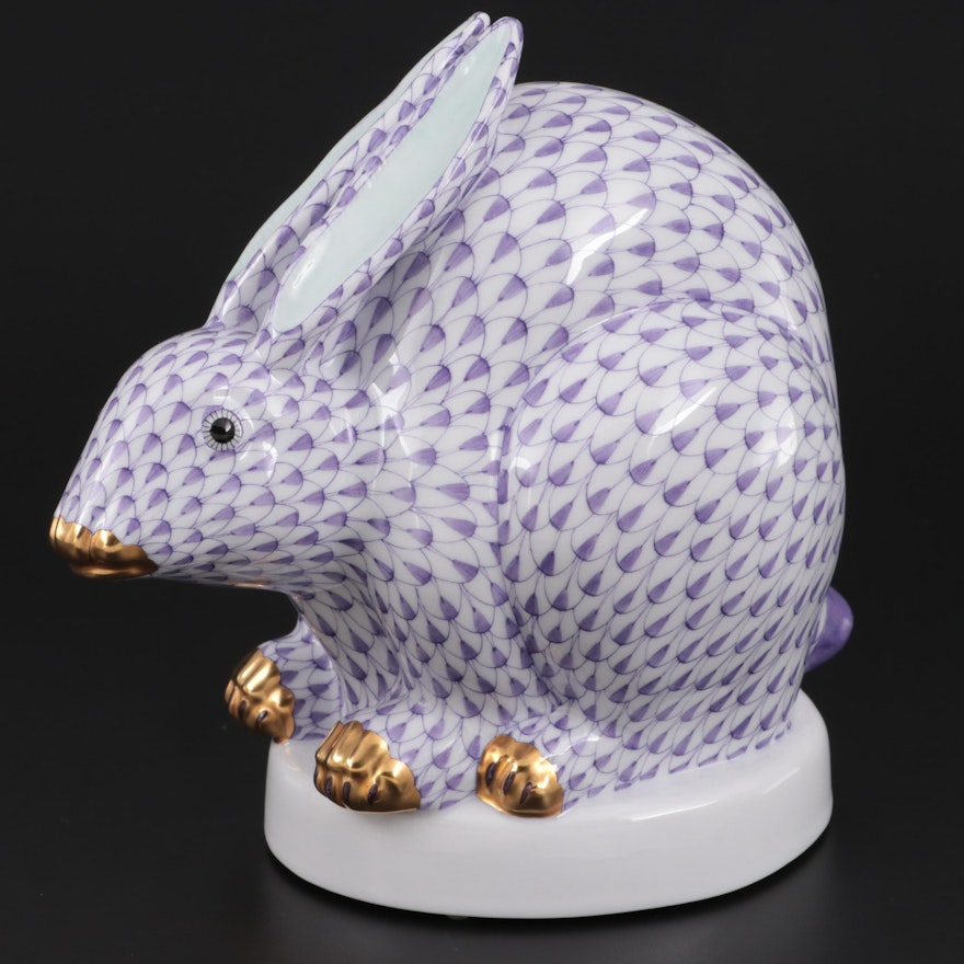 Herend Lavender Fishnet "Large Sitting Rabbit" Porcelain Figurine, Contemporary