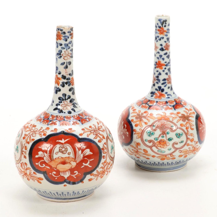 Pair of Japanese Imari Hand Painted Porcelain Bottle Vases