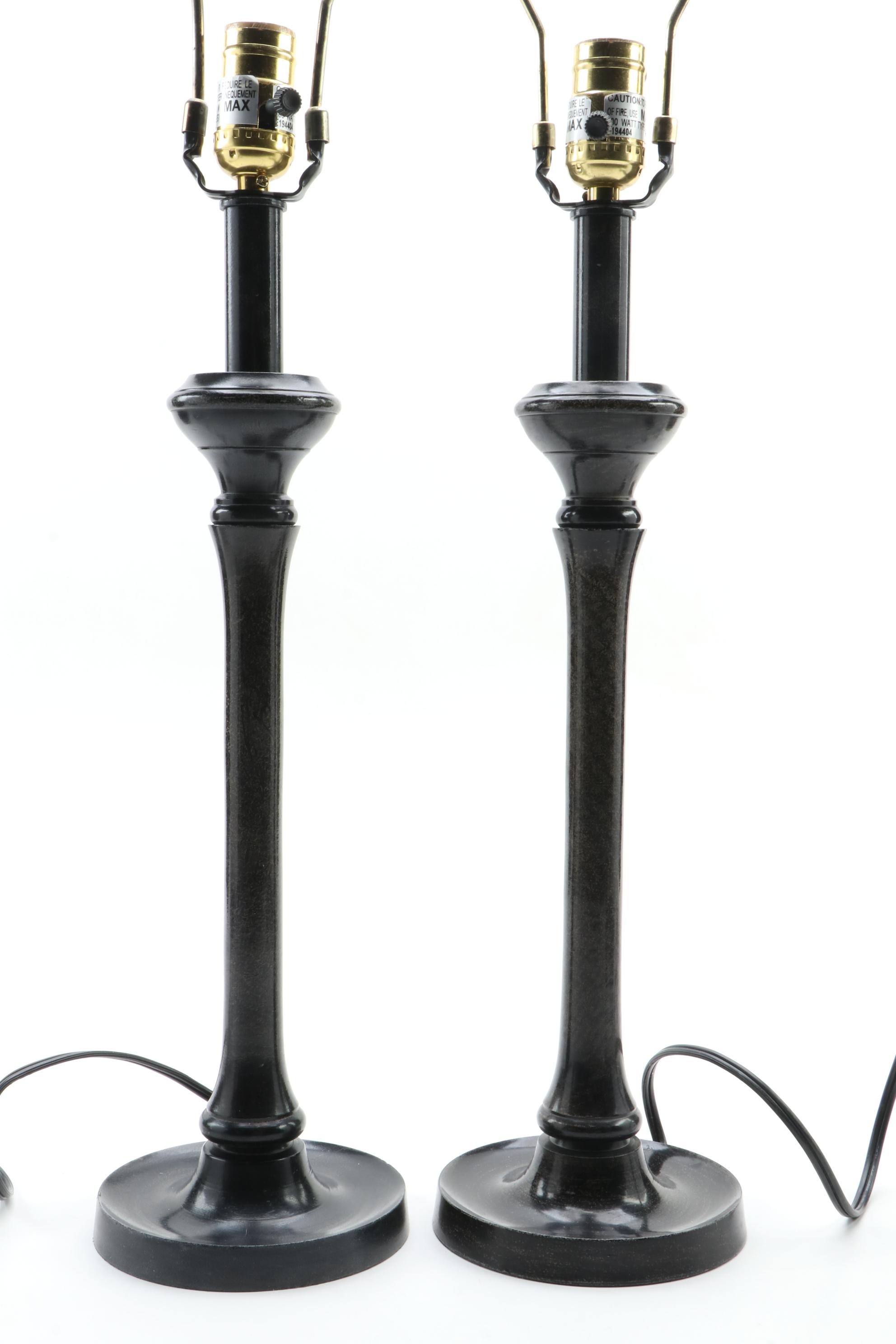 Pair of Pottery Barn Patinated Metal Candlestick Table Lamps