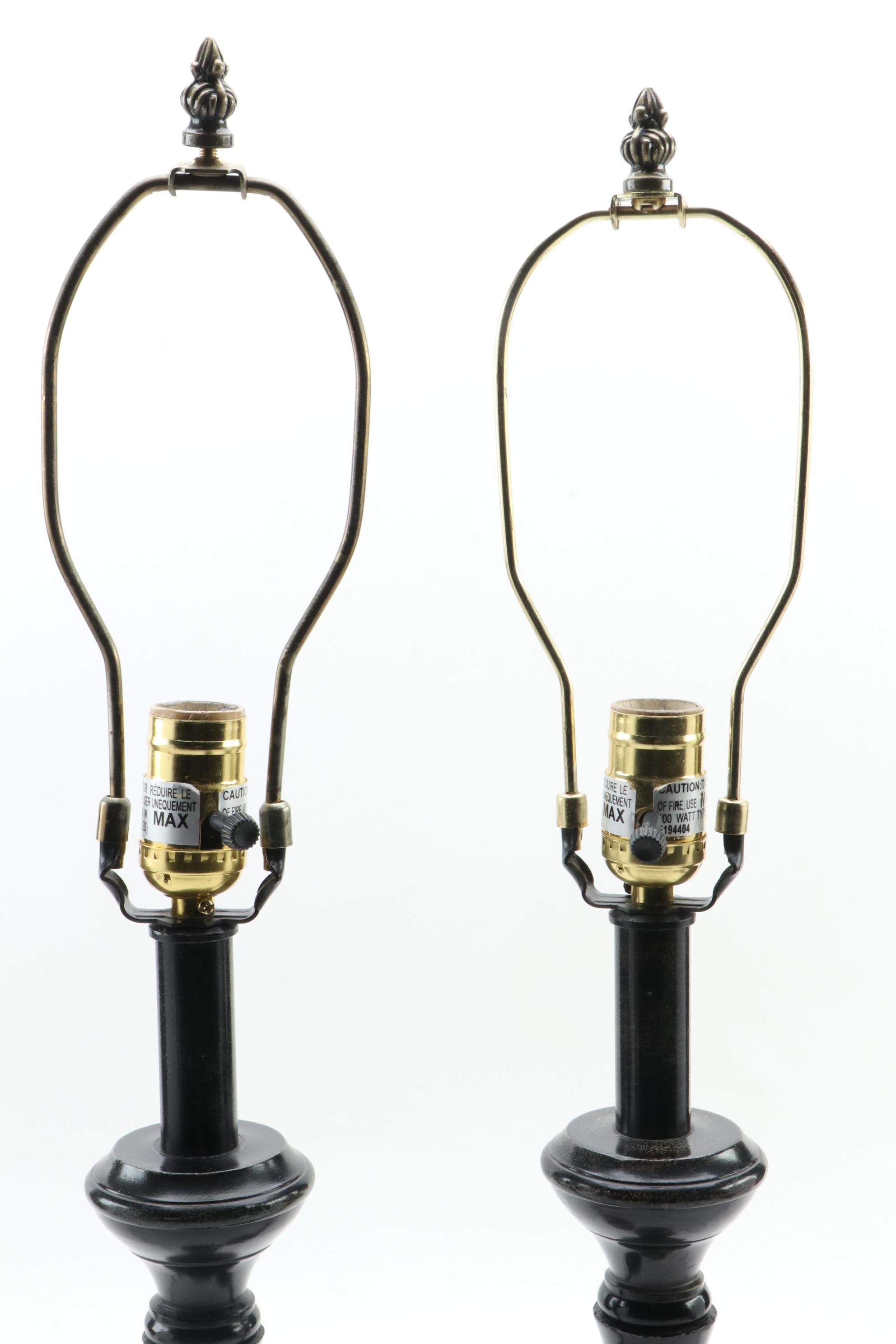 Pair of Pottery Barn Patinated Metal Candlestick Table Lamps