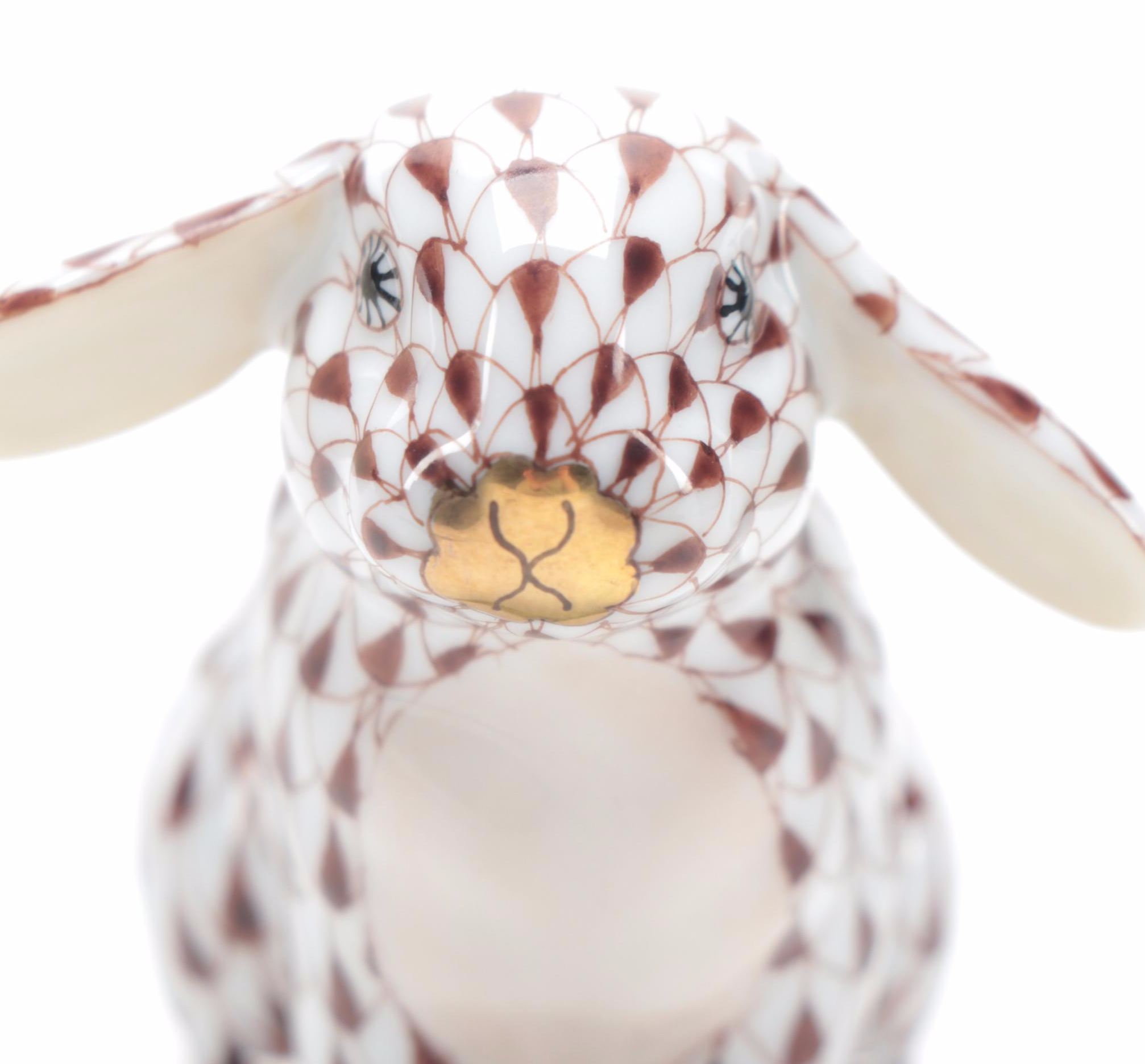 Herend Chocolate Fishnet with Gold "Lop Ear Bunny" Porcelain Figurine
