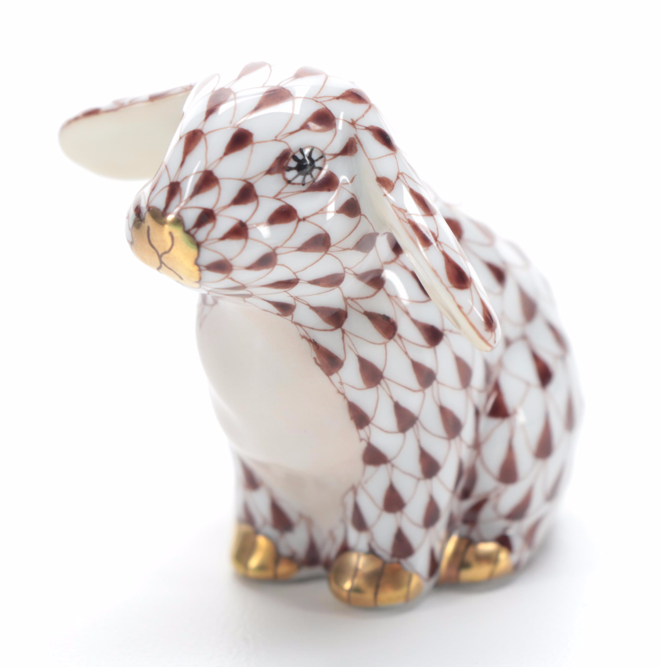 Herend Chocolate Fishnet with Gold "Lop Ear Bunny" Porcelain Figurine