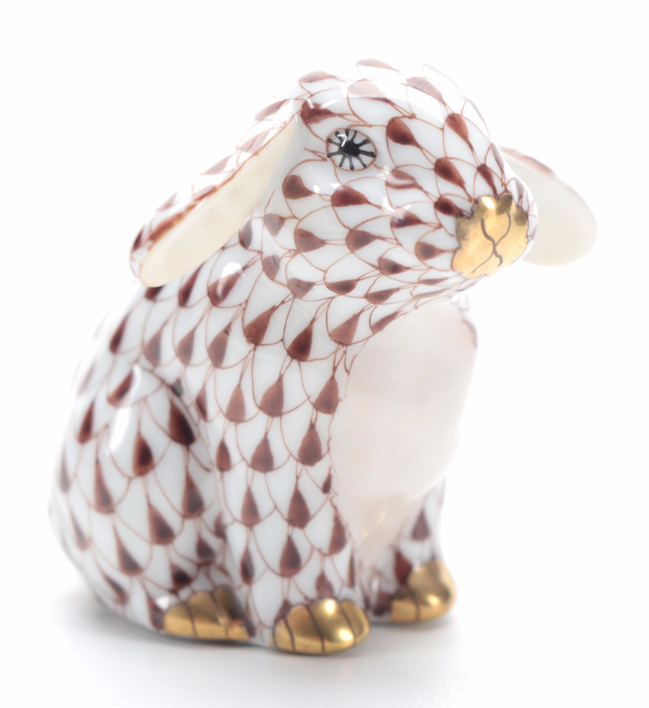 Herend Chocolate Fishnet with Gold "Lop Ear Bunny" Porcelain Figurine