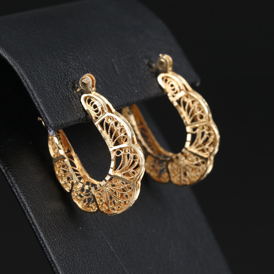 14K Filigree Hoop Earrings with Fluted Edges