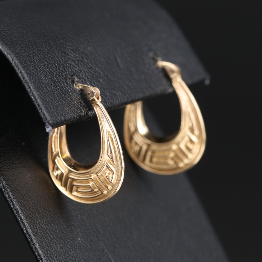 14K Oblong Hoop Earrings with Greek Key Pattern