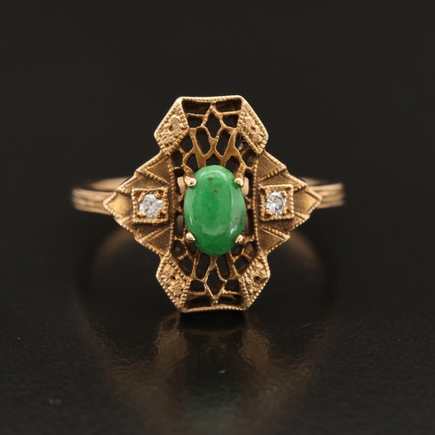 1930s Art Deco 14K Jadeite and Diamond Ring
