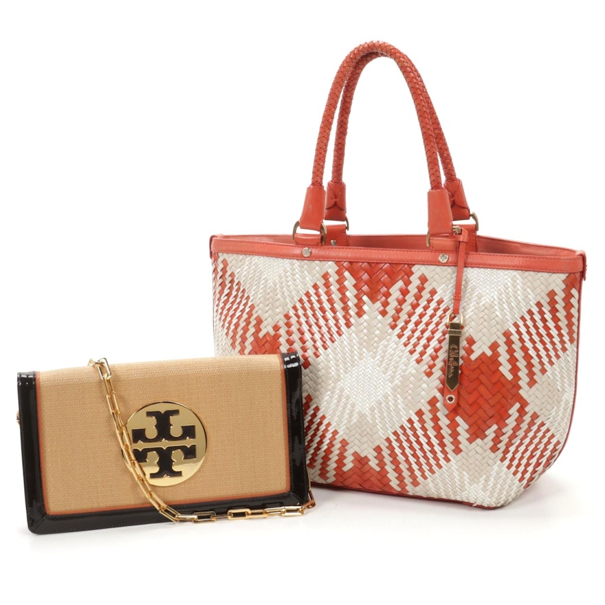 Tory Burch Woven Foldover Clutch Purse with Cole Haan Woven Leather Tote