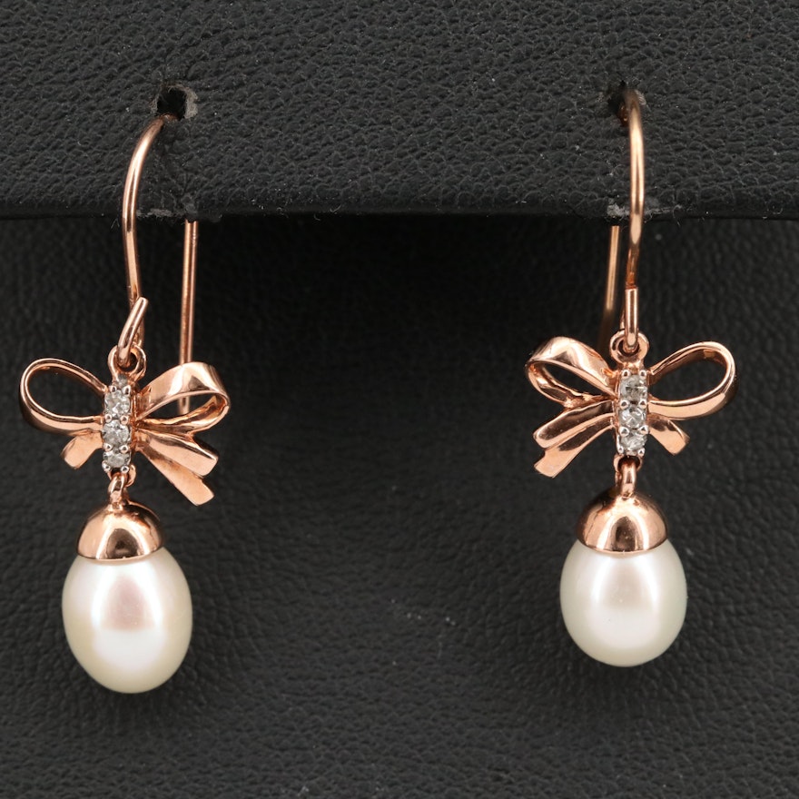 10K Diamond and Pearl Bow Earrings