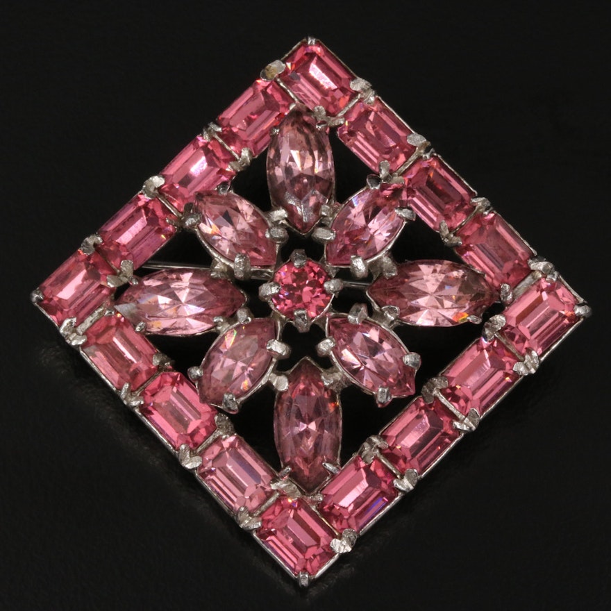 1940s Eisenberg Pink Rhinestone Brooch with Floral Geometric Design