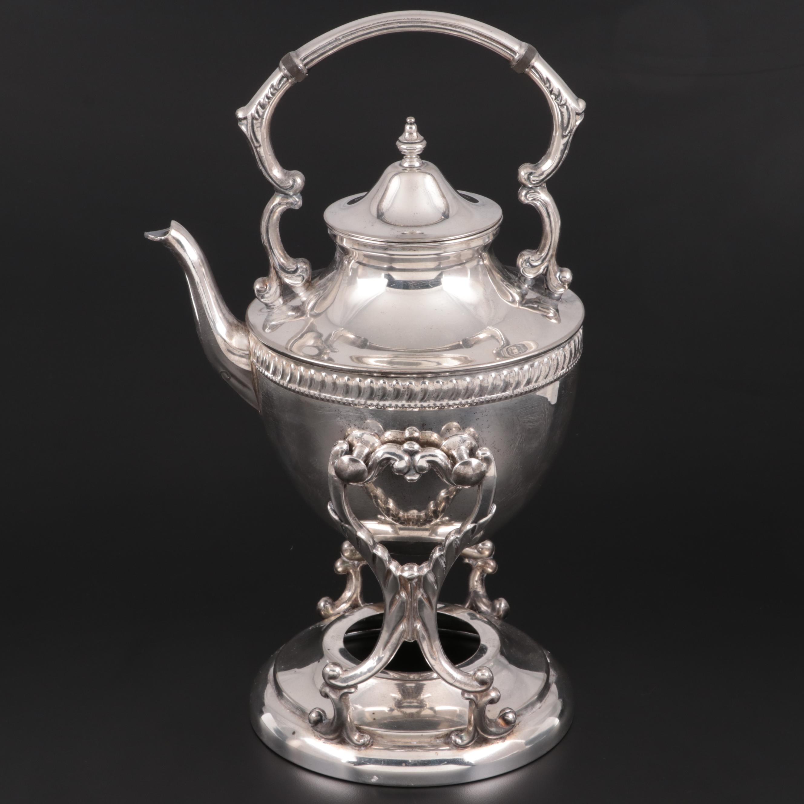 Lehman Brothers Silver Plate Hot Water Kettle on Stand, Early to Mid 20th C.