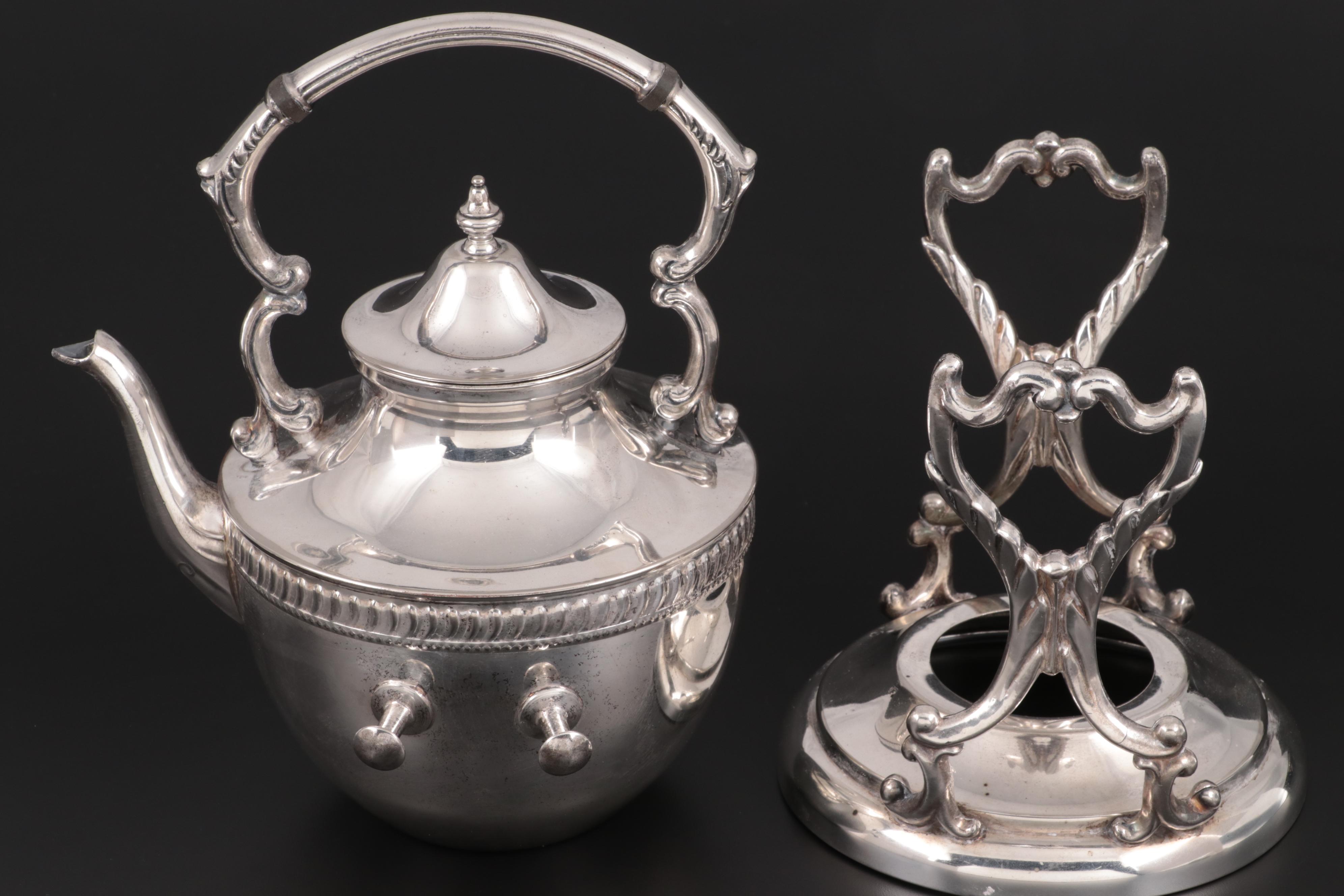 Lehman Brothers Silver Plate Hot Water Kettle on Stand, Early to Mid 20th C.