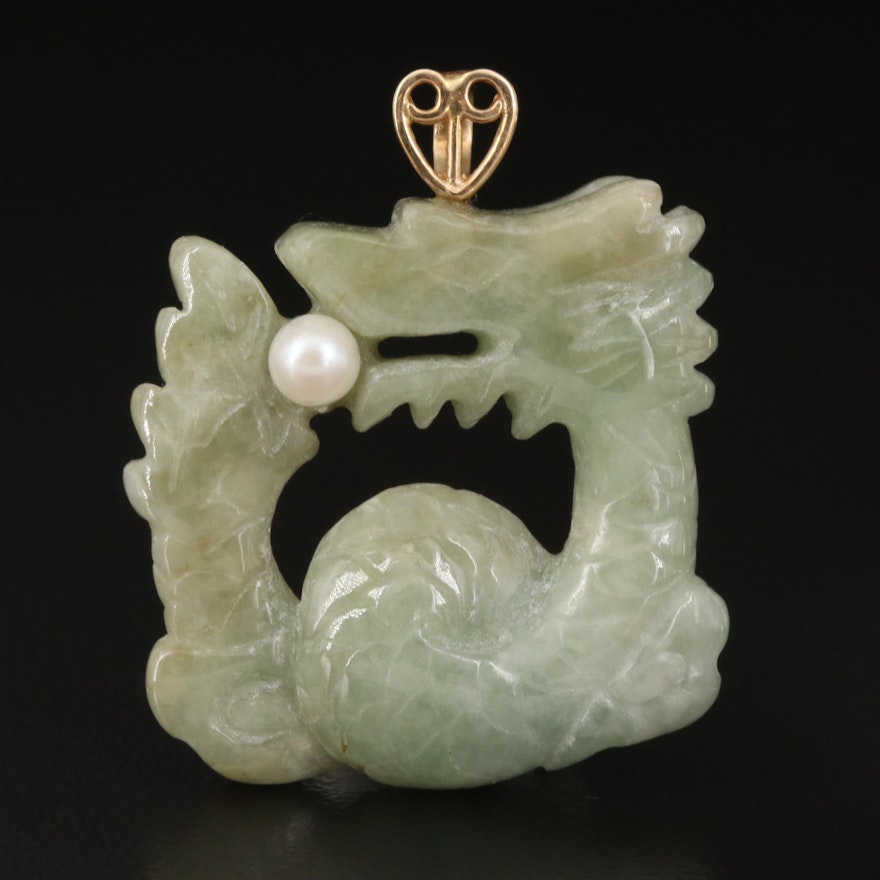 Carved Jadeite and Pearl Dragon Pendant with 14K Bail