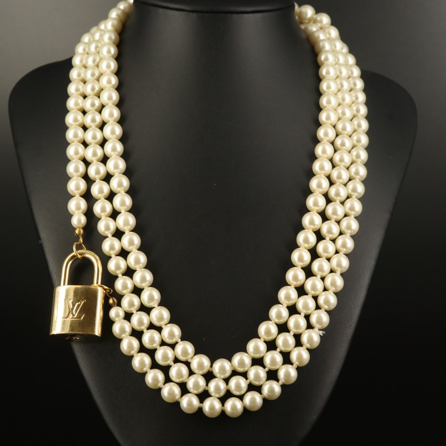 Louis Vuitton Lock on Rope Length Faux Pearl Necklace