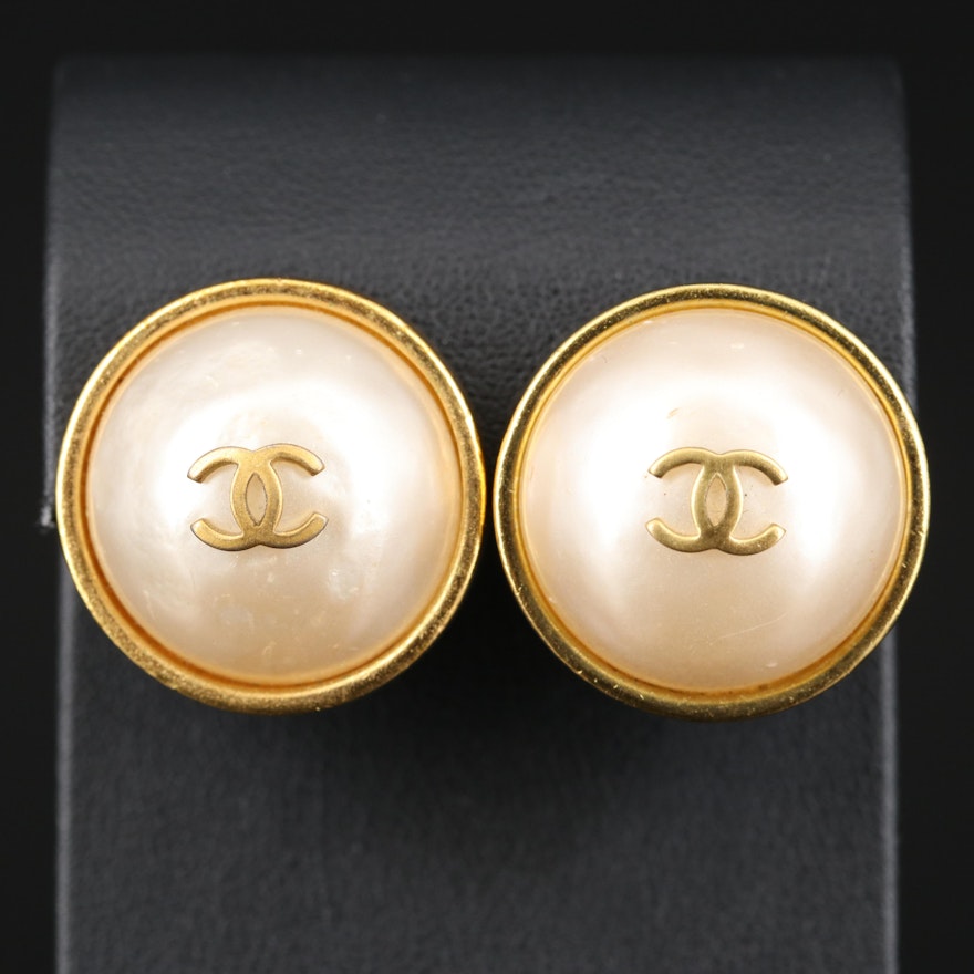 Vintage Chanel Faux Pearl Clip Earrings with Box