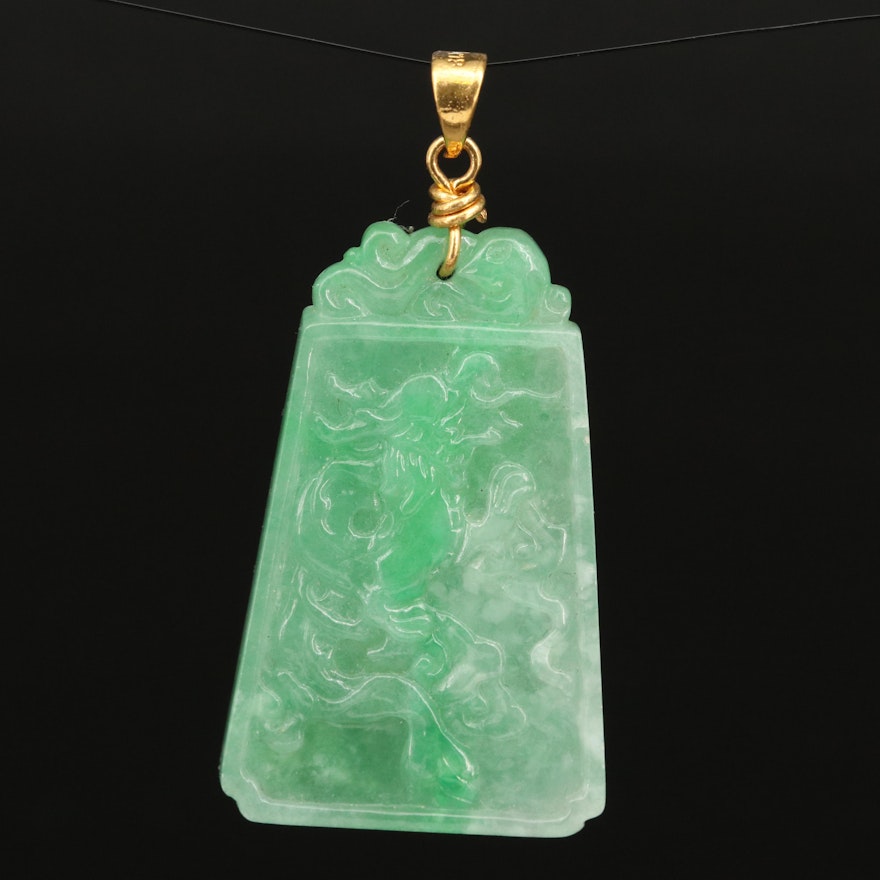 14K Jadeite Tablet Pendant Featuring Stylized Chinese Characters and Dragon